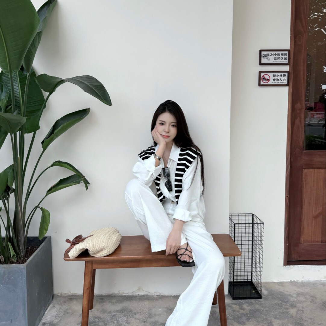 休闲气质白色长裤套装女早秋2025新款时尚高腰阔腿裤三件套