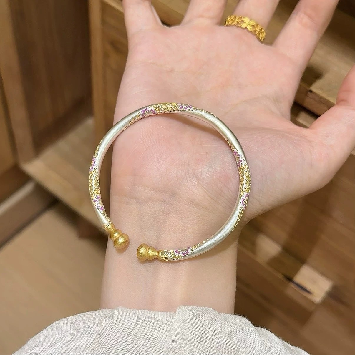 足银手镯 足银999.9蔓生花月 紫桔梗葫芦女珐琅彩描金银镯子国风