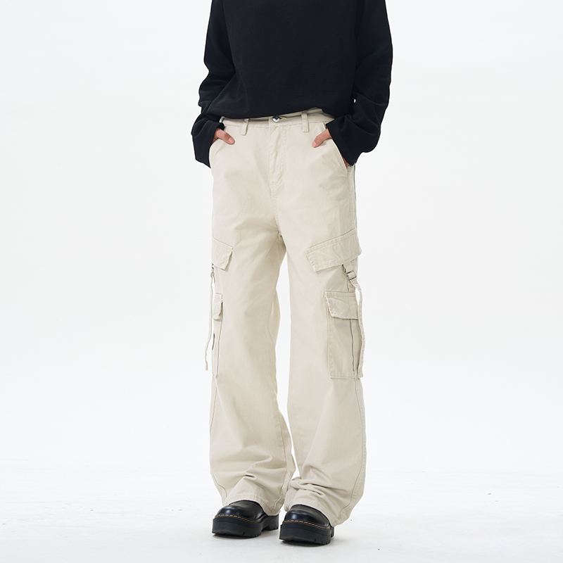 杏白色复古大口袋工装裤裤子cleanfit宽松直筒轻奢痞帅男生男装