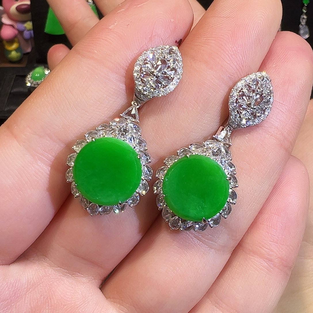 翡翠耳饰18K金镶嵌圆牌