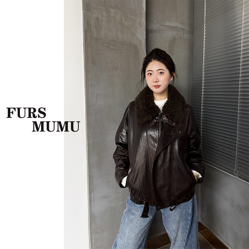 【MUMU】真皮绵羊皮鹅绒羽绒服皮衣外套女百搭复古羊羔毛领保暖冬季