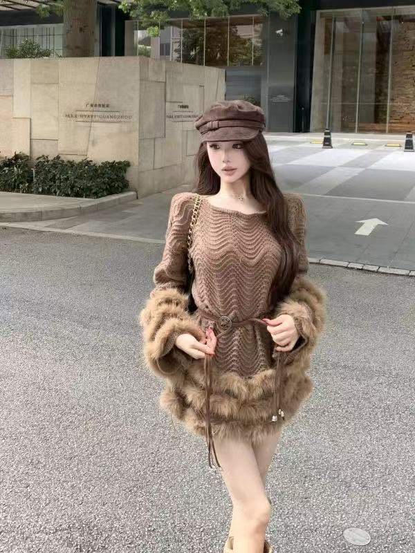 复古毛绒拼接长袖针织连衣裙女秋季显瘦高腰毛衣裙子气质a字短裙