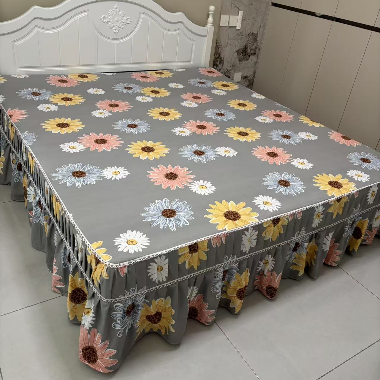 高端精品纷纷花香（灰色）防滑加厚床裙款床罩