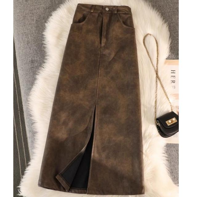 美拉德复古扎染pu皮裙中长款半身裙秋冬季梨形显瘦开叉a字包臀裙