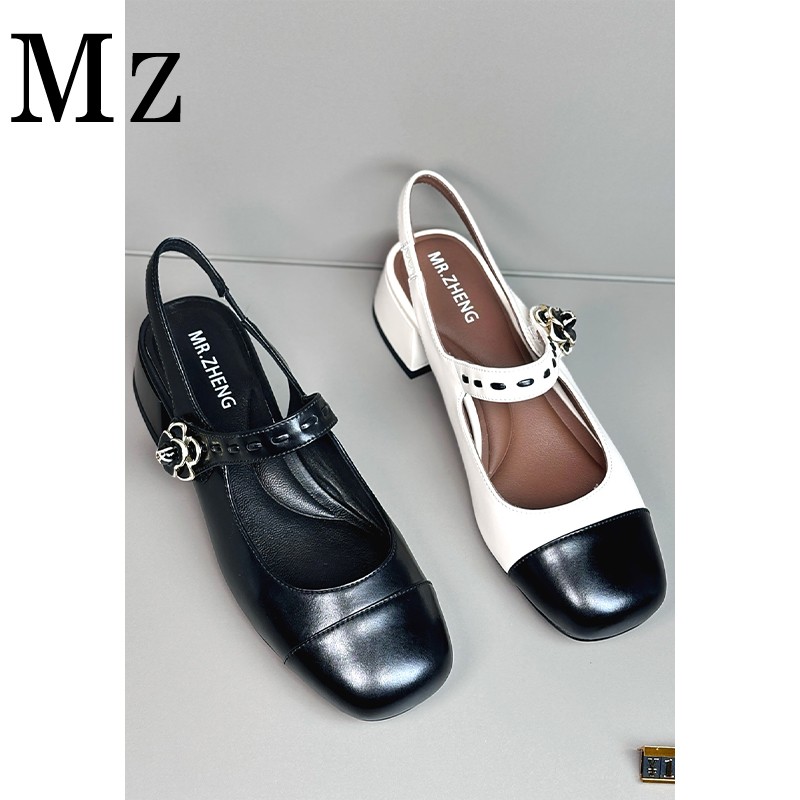 Mr.Zheng/4cm/小香风山茶花粗跟中跟拼色包头后空一字带凉鞋女鞋