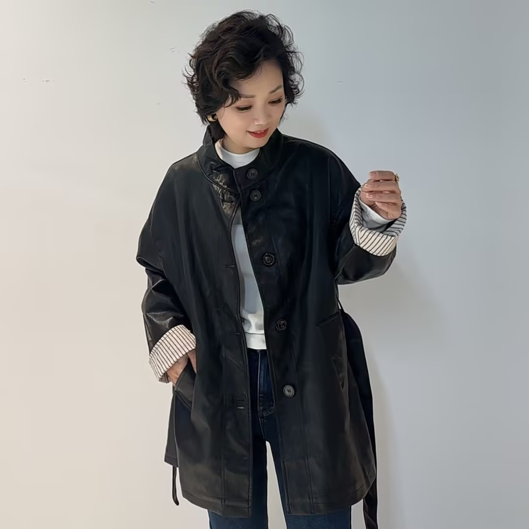 【卿她】新款设计高级感炸街腰带收腰显瘦复古皮衣外套女