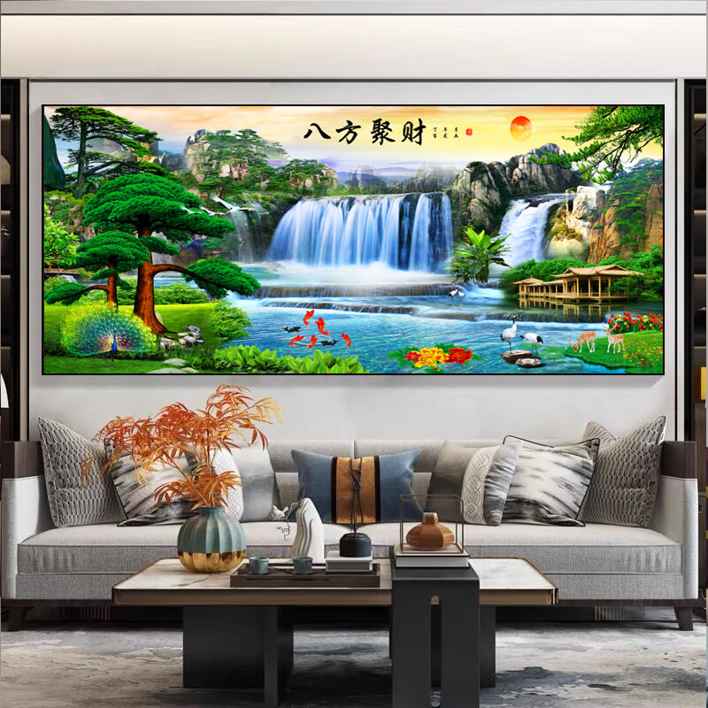 八方聚财迎客松横幅画客厅沙发办公房晶瓷立体镶钻装饰挂画
