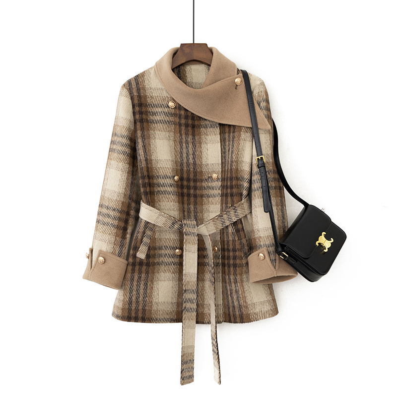 新款加棉双面绒大衣时尚设计款格子毛呢外套2525