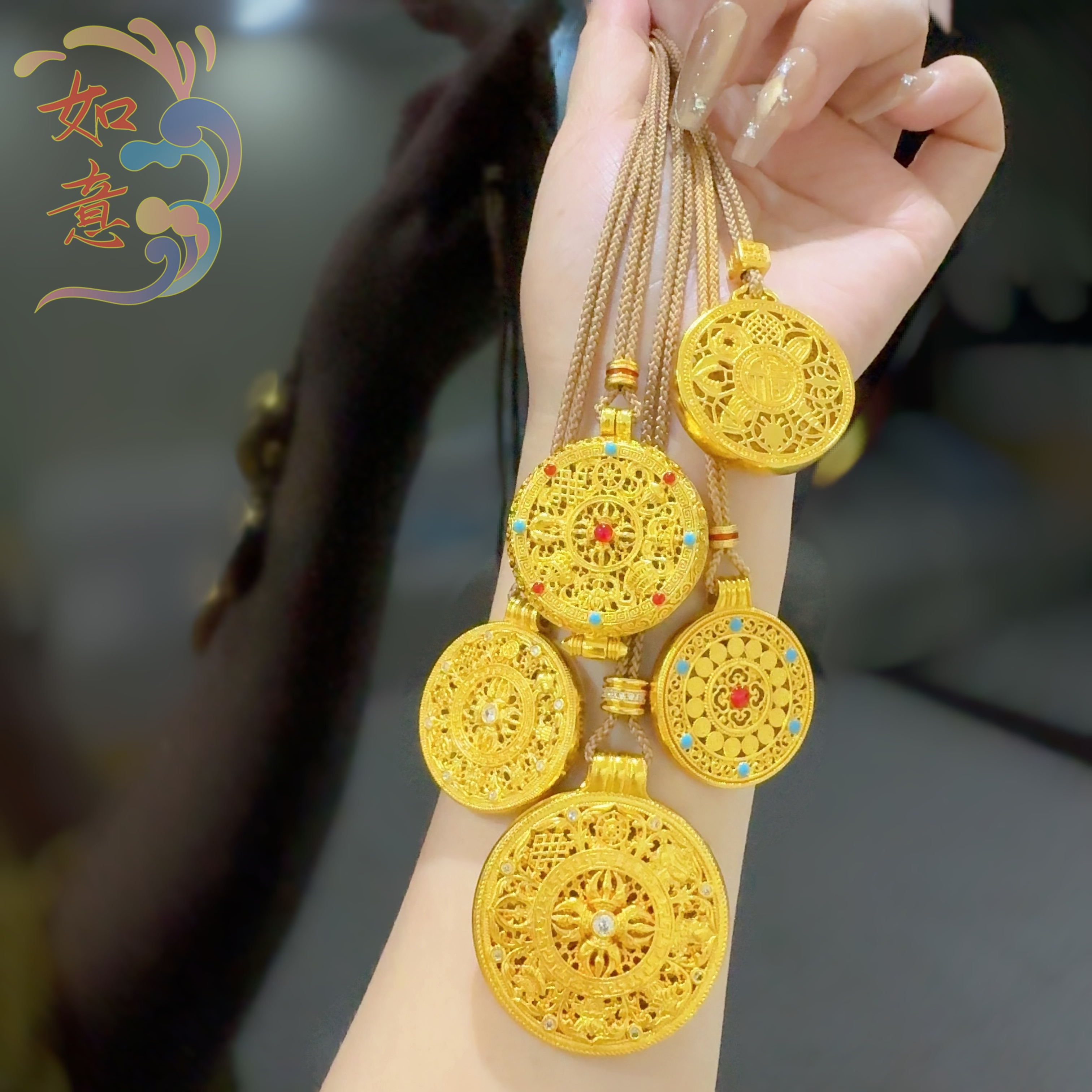 古法八宝鎏彩点缀寓意圆满吉祥八宝编绳项链