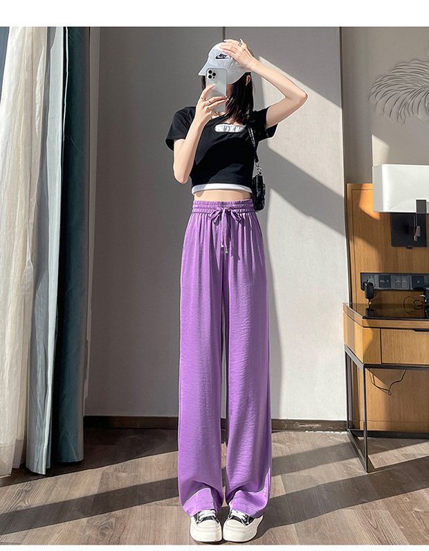 9012阔腿裤格纹休闲裤烫钻显瘦阔腿裤百搭长裤显瘦休闲垂感冰凉