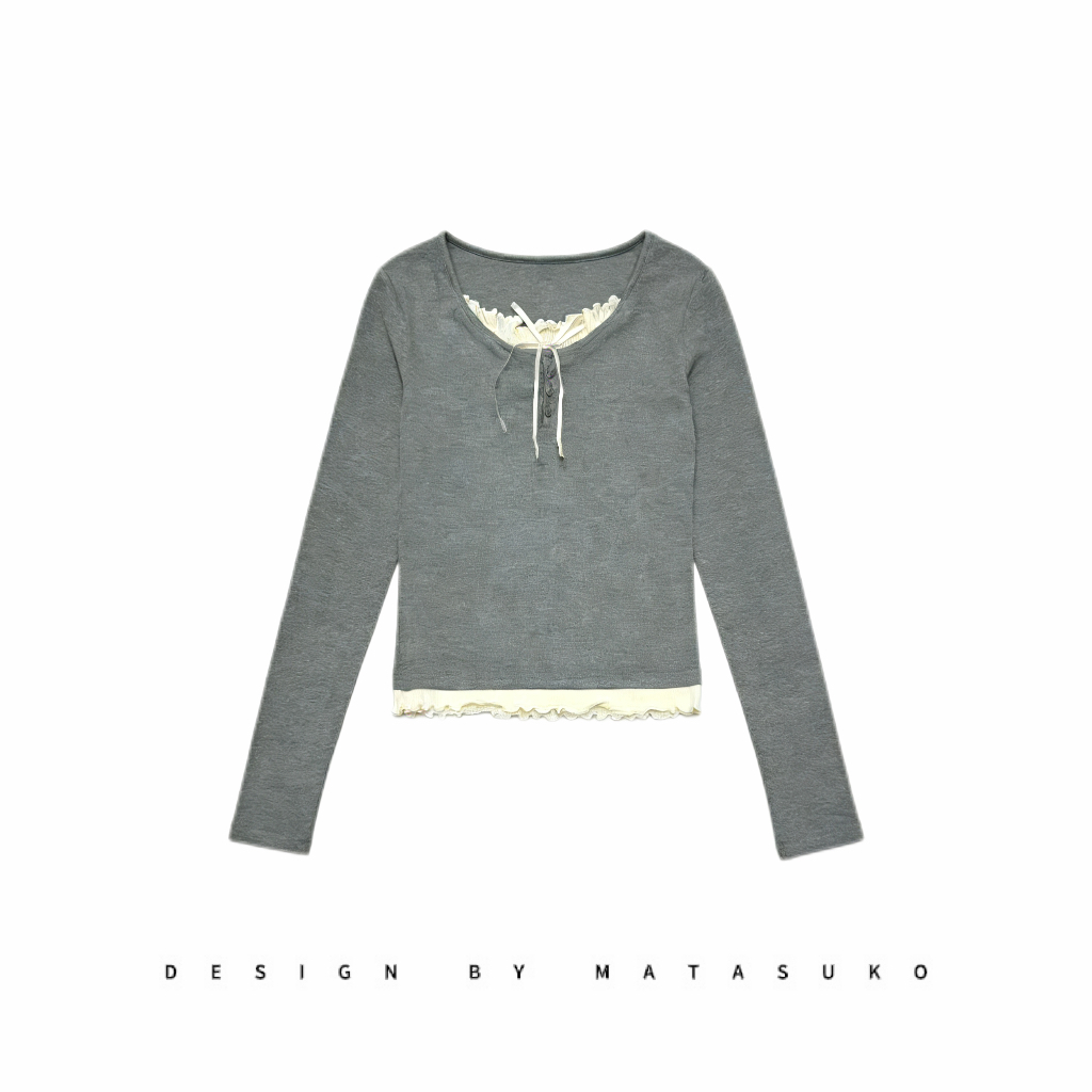 MATASUKO 木耳边蝴蝶结 秋冬亲肤面料 假两件长袖T恤