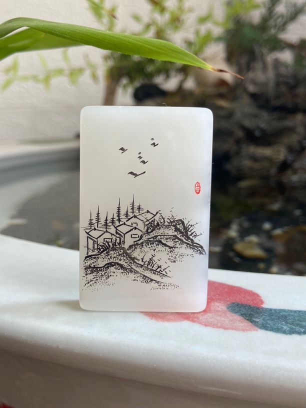 和田玉白玉山水无事牌白色双面浅浮雕刻山水意境精美素款纯色