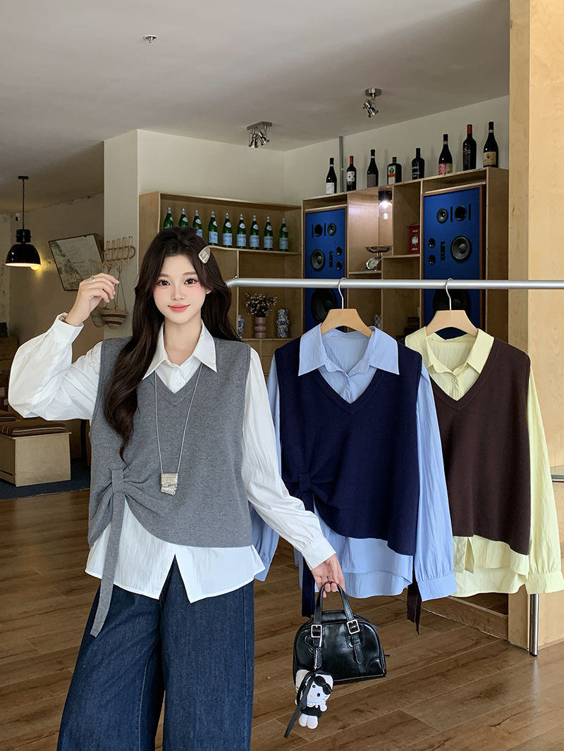 胖mm大码女休闲减龄针织马甲背心衬衣两件套72044马甲+23081衬衣