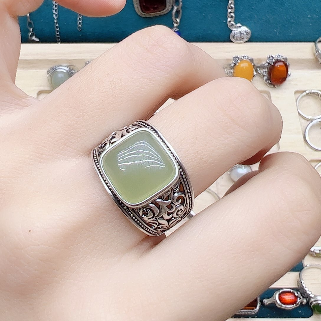 和田玉戒指银S925镶嵌