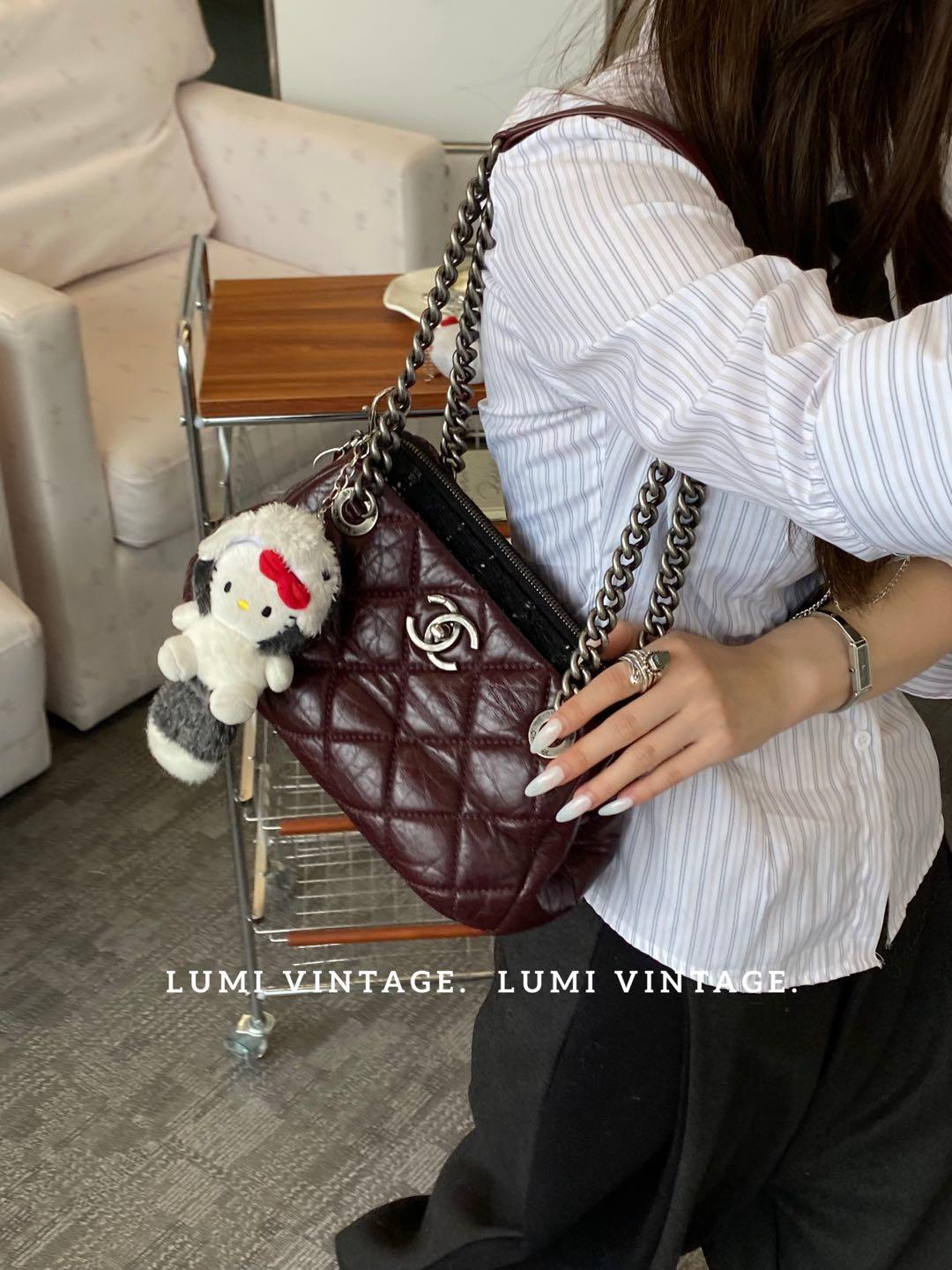 95新 Chanel/香奈儿 孟买酒红毛呢保龄球包38782832