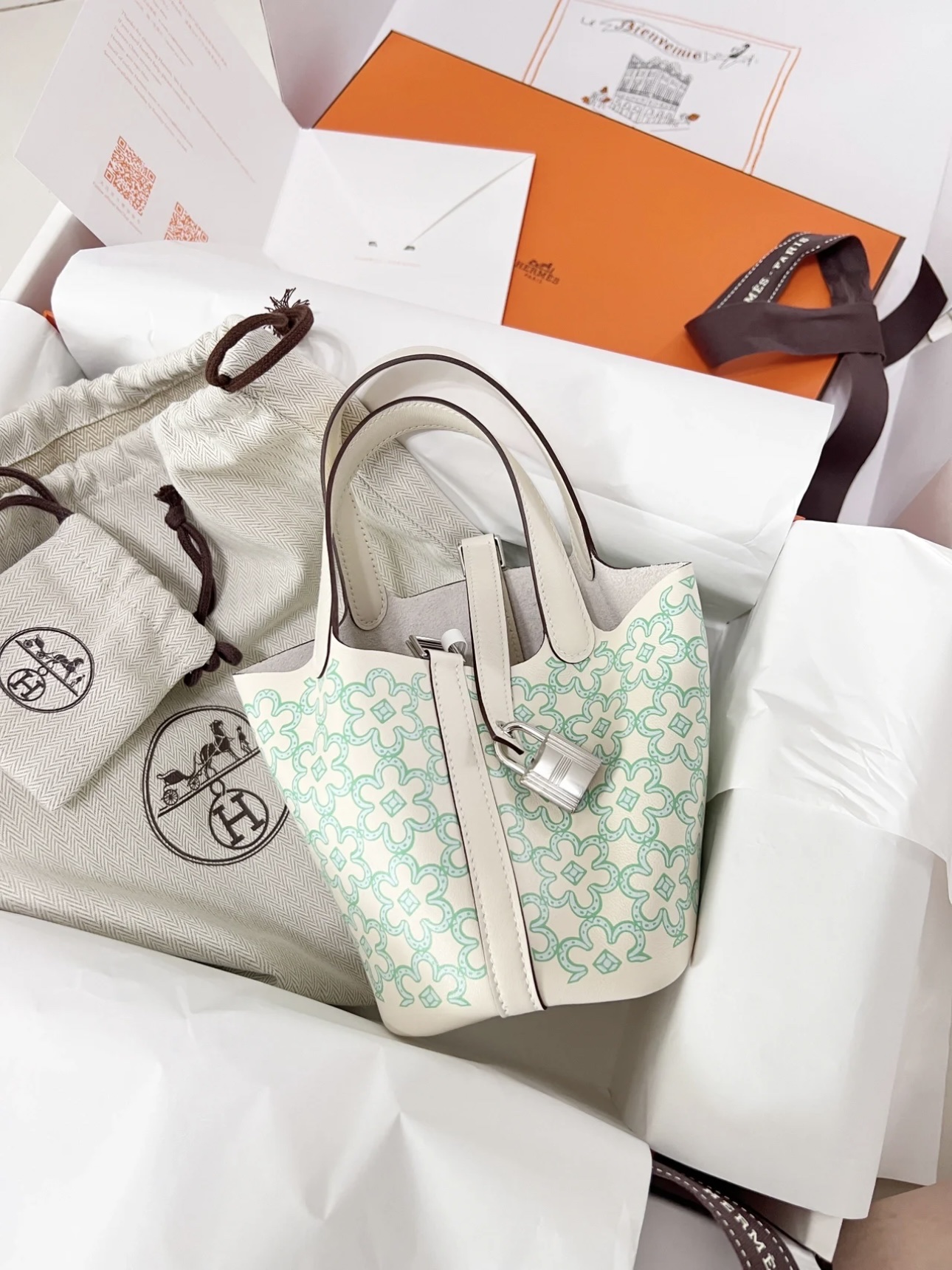 95新 Hermes/爱马仕 白绿小花菜篮子 U刻 12077641