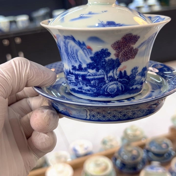 瓷片白青花富春山居图马蹄盖碗全品