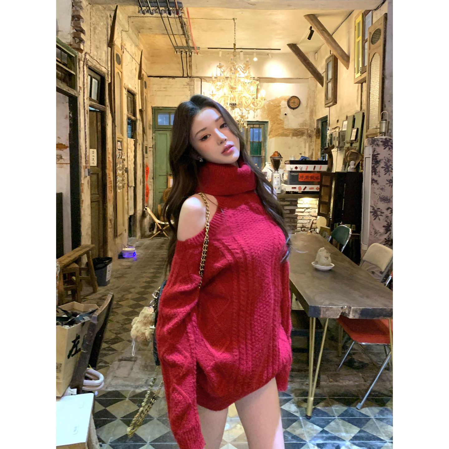 番茄妹妹Tomatosister  氛围感高领露肩毛衣女秋冬针织衫显瘦上衣