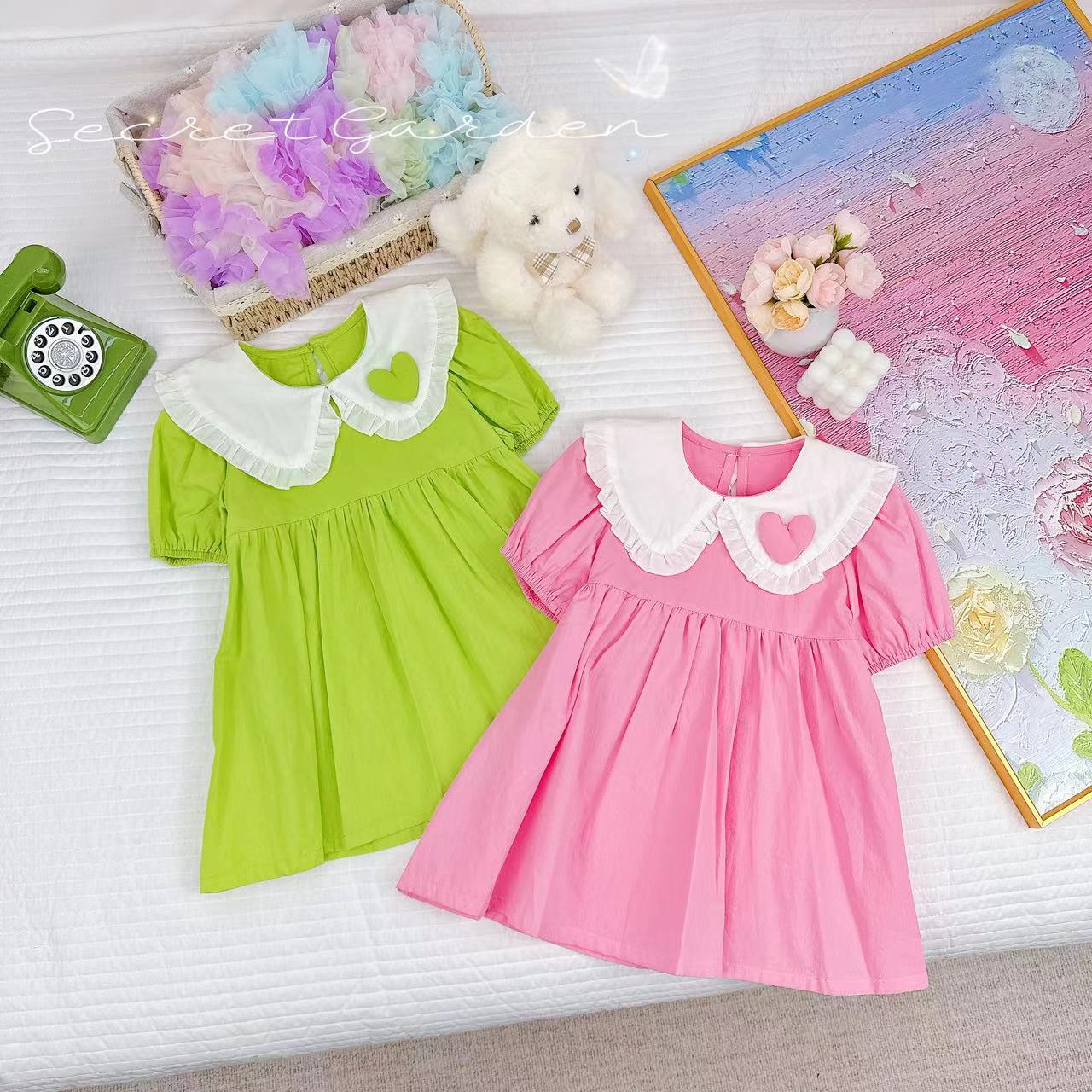 夏款新款女童爱心大翻领泡泡袖连衣裙 D-G282