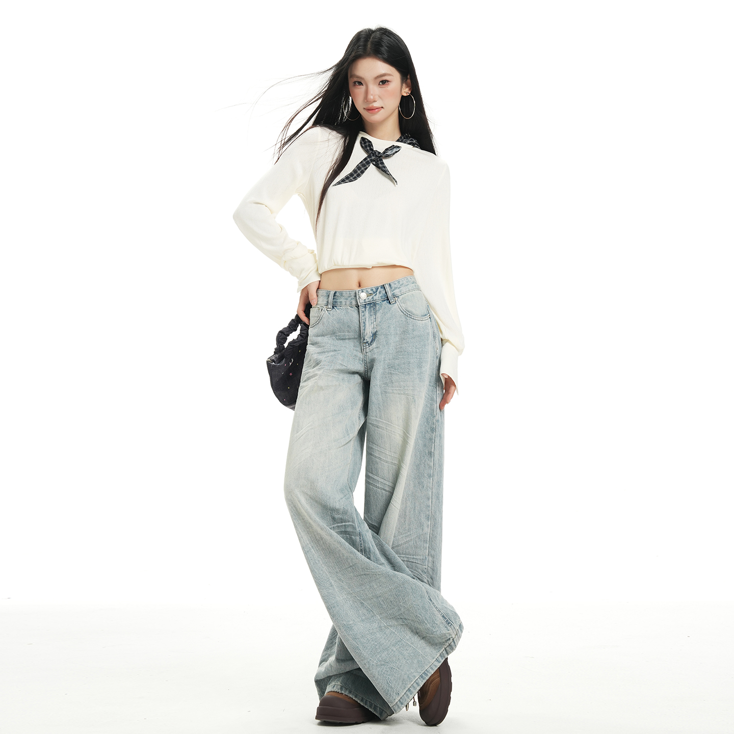 美式复古做旧压褶工艺低腰宽松阔腿牛仔裤女