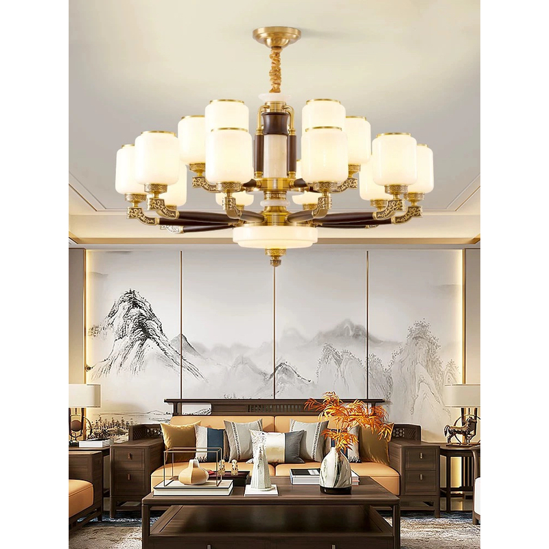 全铜新中式玉石客厅吊灯中国风乌金木实木别墅主灯餐厅灯具大全