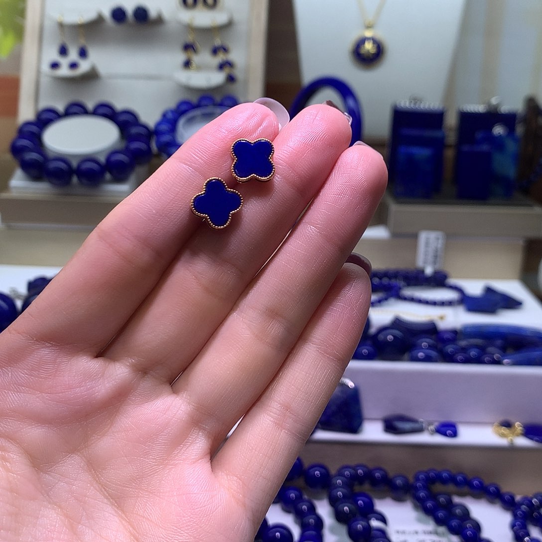 青金石银S925镶嵌天然原矿耳钉