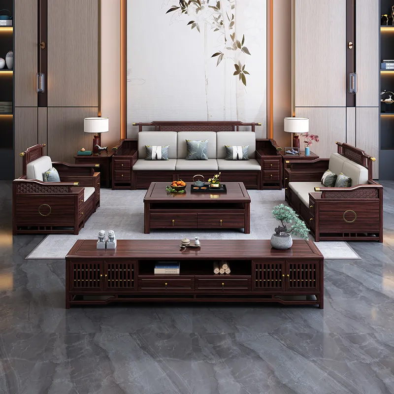 新中式客厅实木沙发组合现代轻奢冬夏两用大小户型别墅中式家具