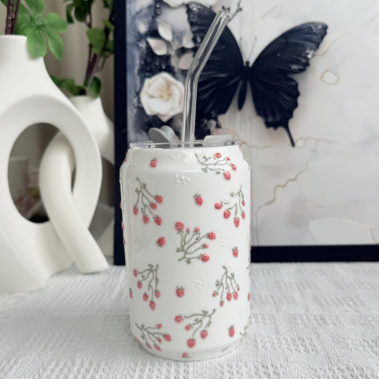 景德镇手绘玉泥草莓随行杯精致伴手礼大容量吸管