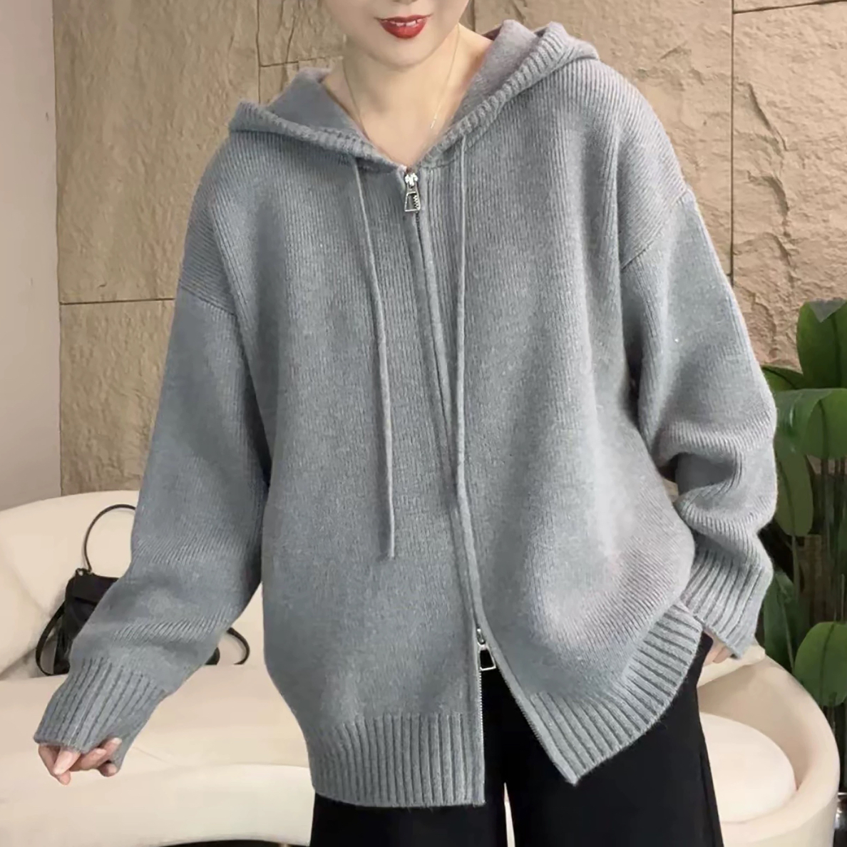 时尚百搭加厚女上衣老钱风绒秋冬毛衣ins连帽毛针织衫针织衫休闲