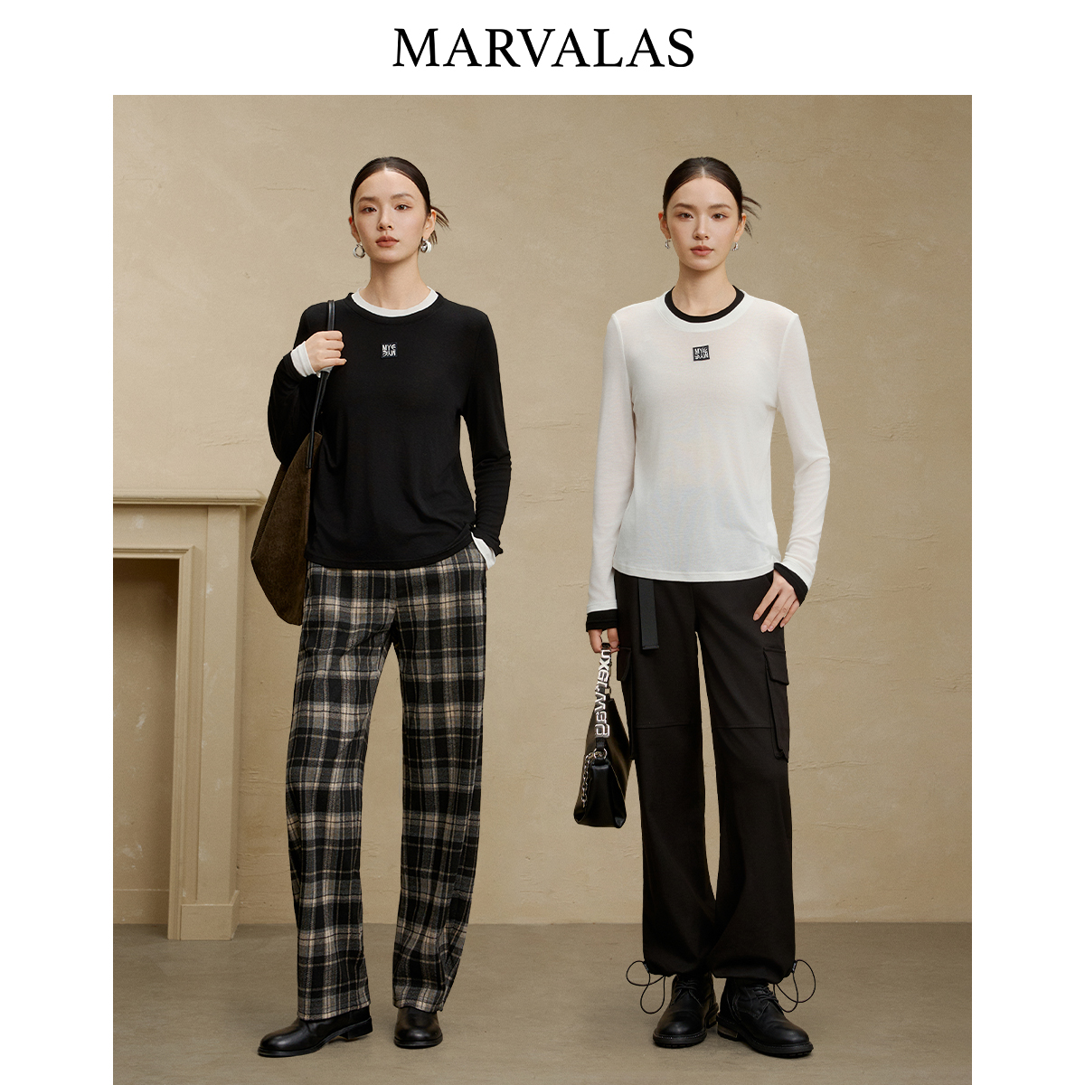 曼德诗莱赛尔天丝长袖T恤年冬季新款羊毛混纺撞色上衣打底衫