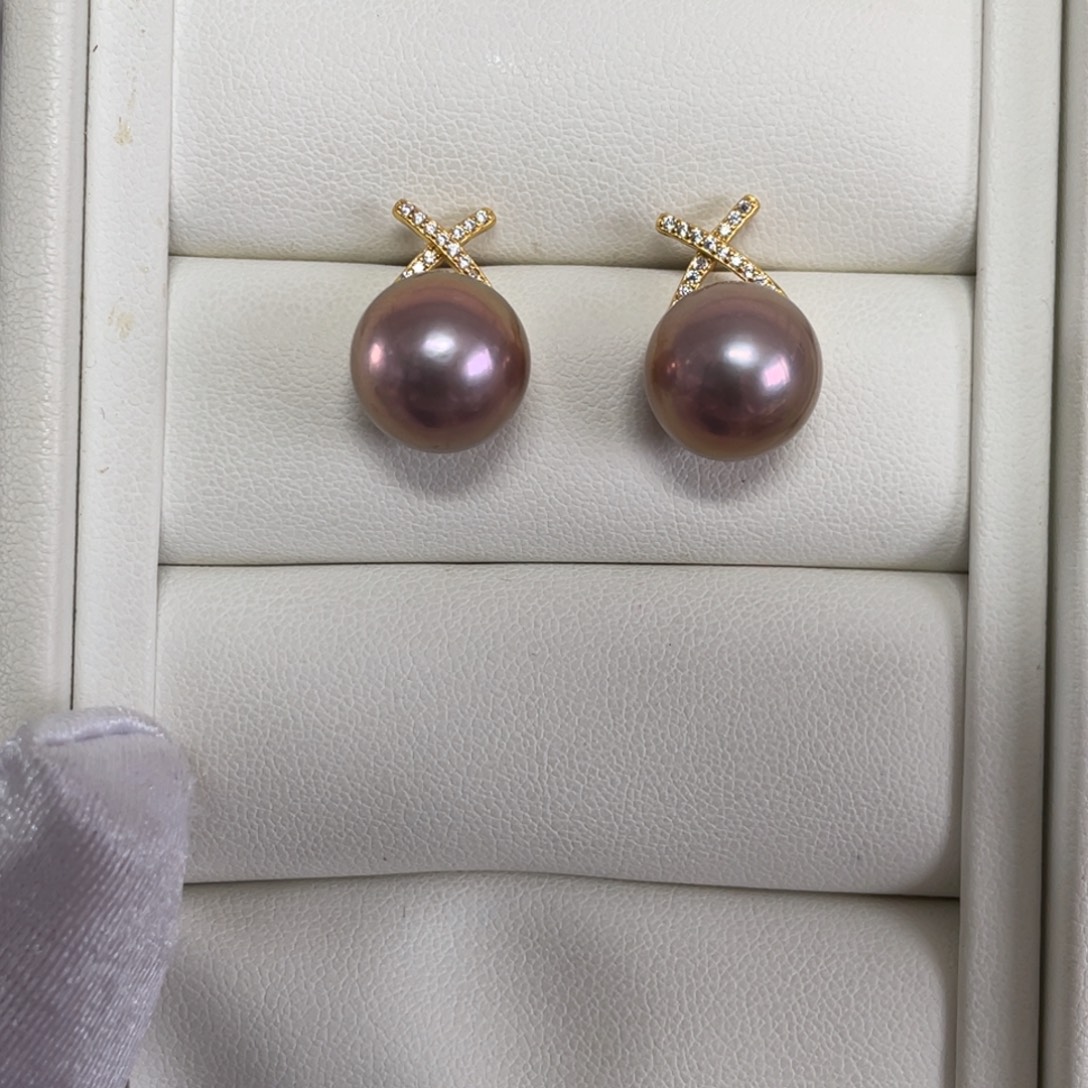 银S925镶嵌淡水珍珠耳饰12-13mm