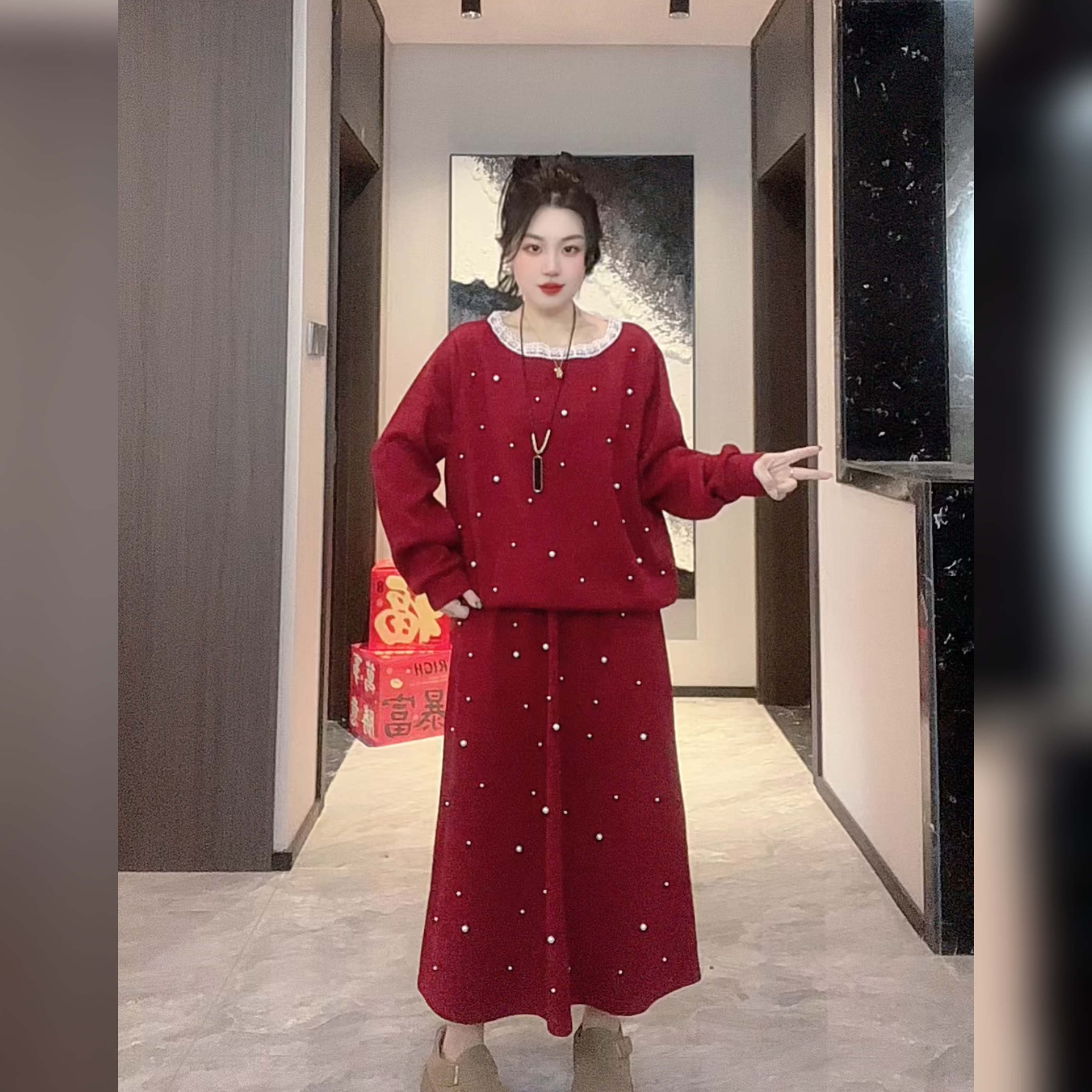 秋冬新款钉珠花边领宽松针织衫配半身裙洋气大码女装