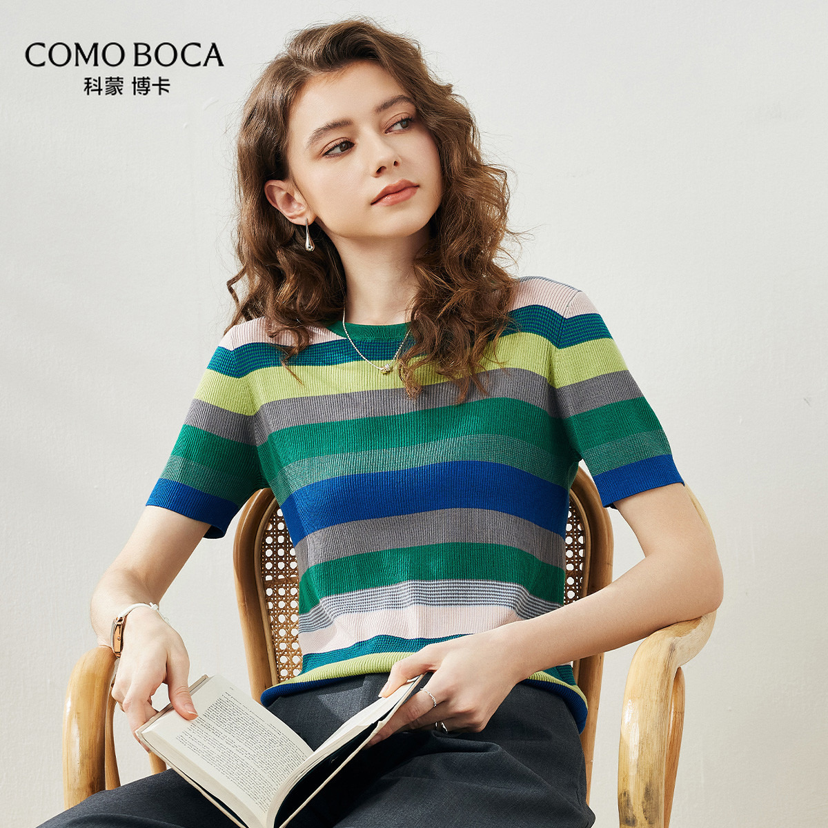 COMOBOCA/科蒙·博卡含桑蚕丝条纹圆领修身短袖针织上衣KST1139