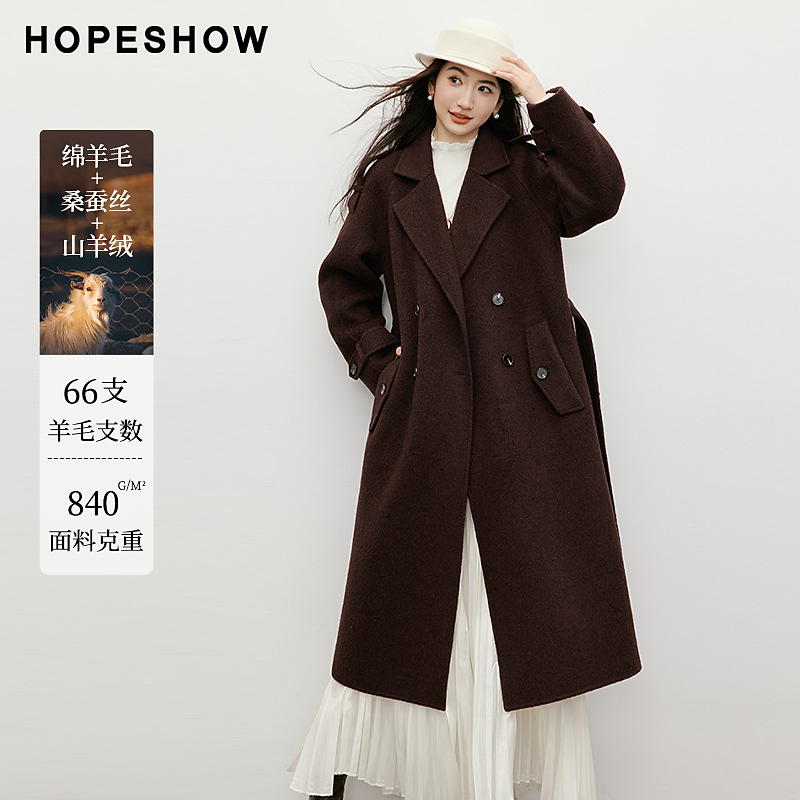 红袖2025冬女装 系带双排扣插肩长袖翻驳领双面呢大衣90125370801