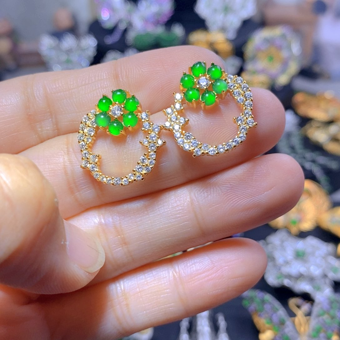 翡翠耳钉银S925镶嵌天然翡翠