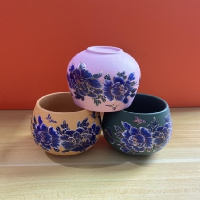 ZH3523粉绿黄三色牡丹白瓷可变色雅致主人杯彰显独特韵味适合爱茶