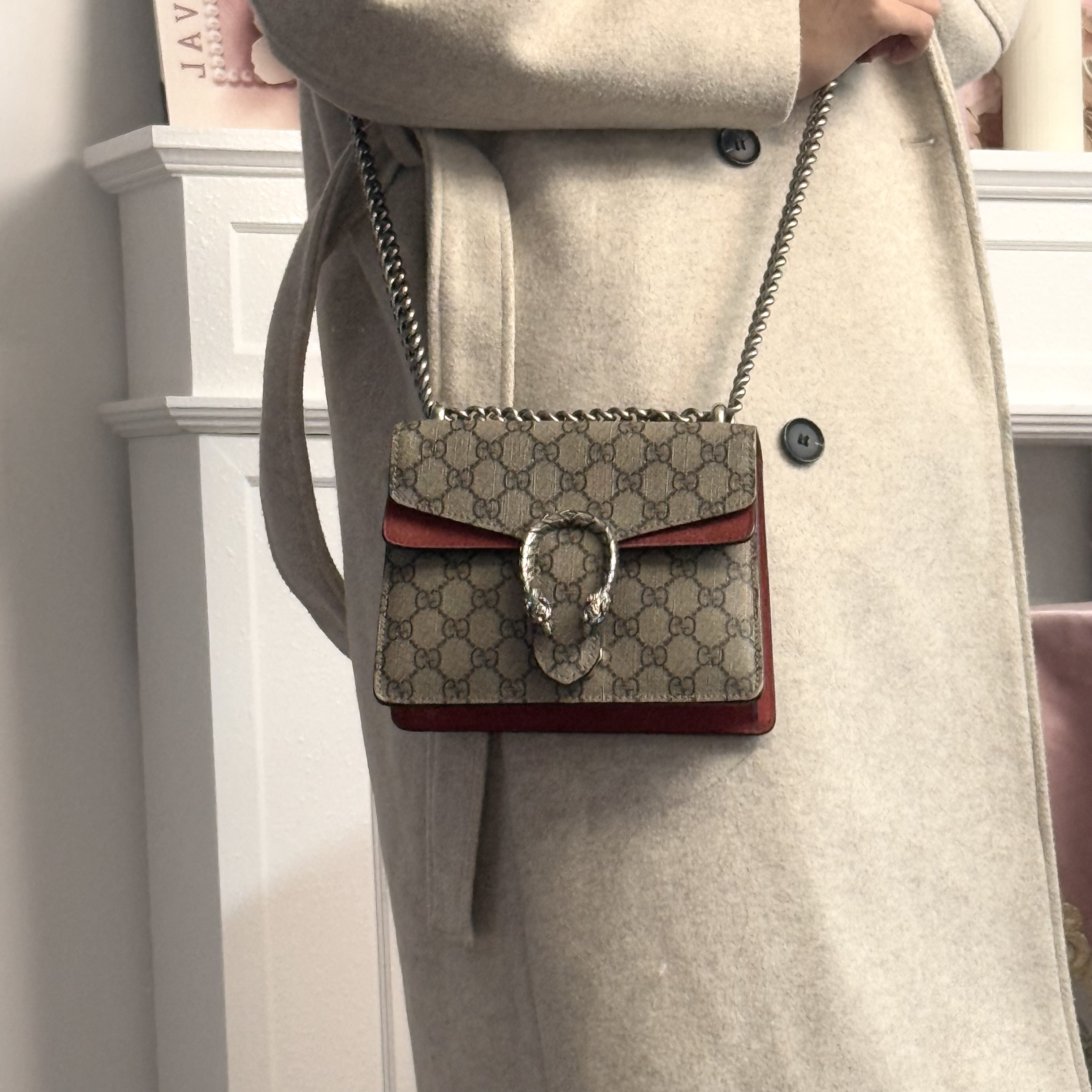 95新 GUCCI/古驰 gucci老花拼红色酒神斜挎包