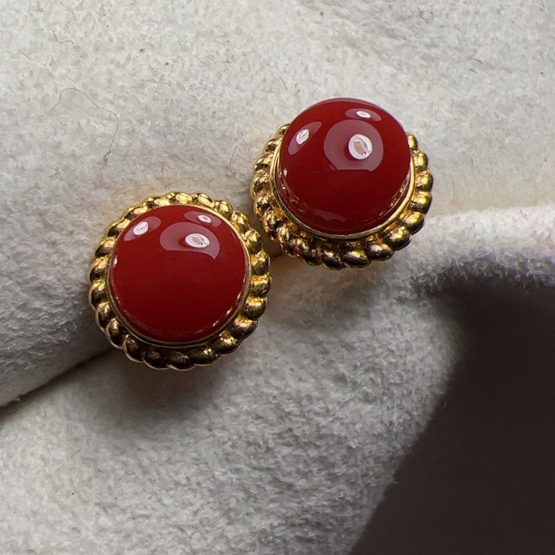南红玛瑙耳钉18K金镶嵌