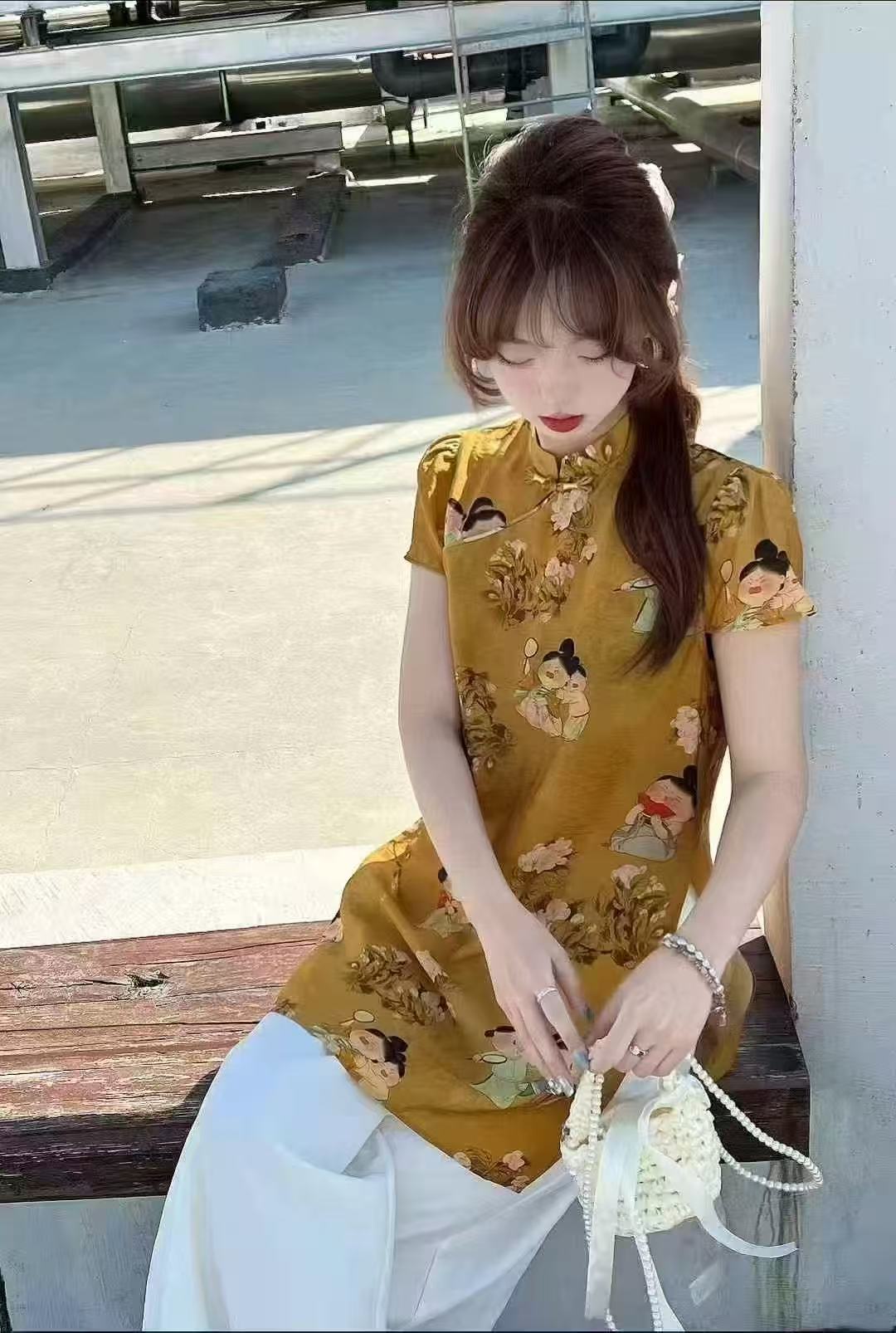 新中式复古国风旗袍上衣+阔腿裤两件套女2025夏新款时尚套装-676