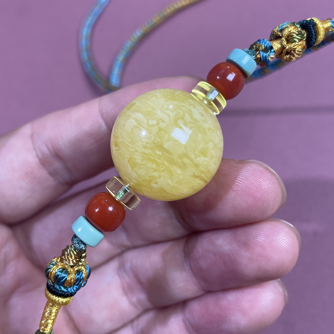 天然原矿保真白妖花满蜡千层雪蜜蜡22mm圆珠男女款时尚锁骨链吊坠