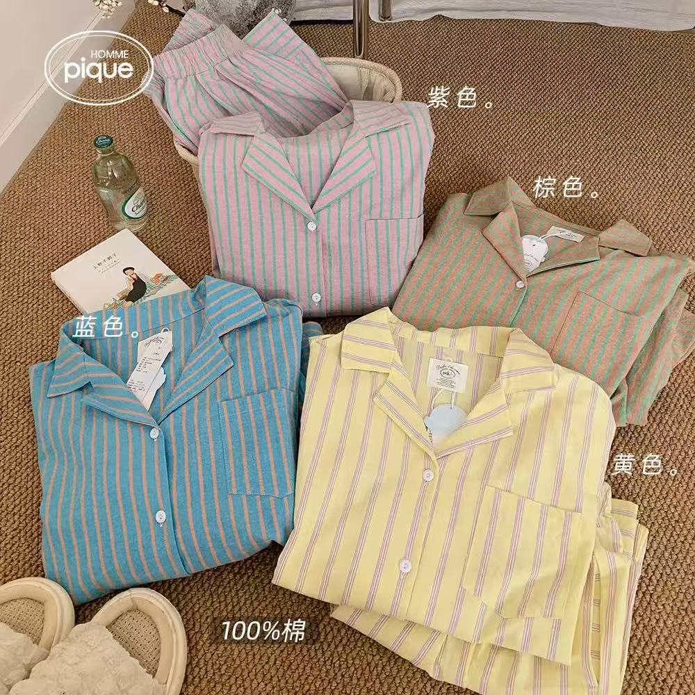 韩系ins设计感条纹睡衣春秋季新款长袖长裤家居服套装