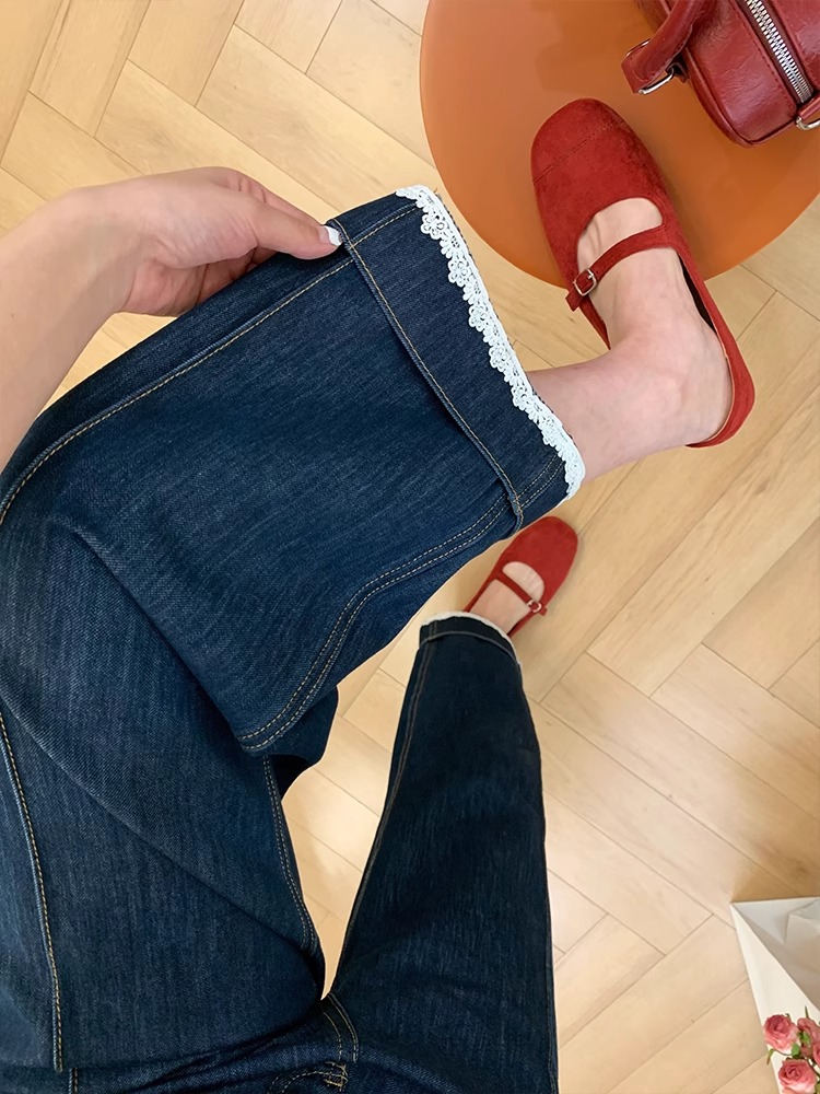 深蓝色蕾丝花边拼接高腰牛仔裤女秋季新款宽松百搭翻边九分直筒裤