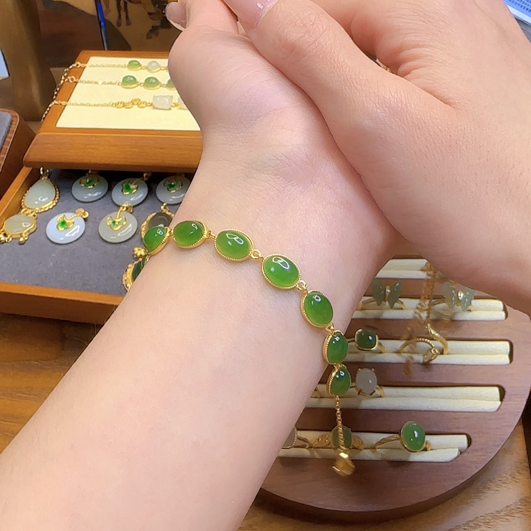 和田玉手链银S925镀金镶嵌