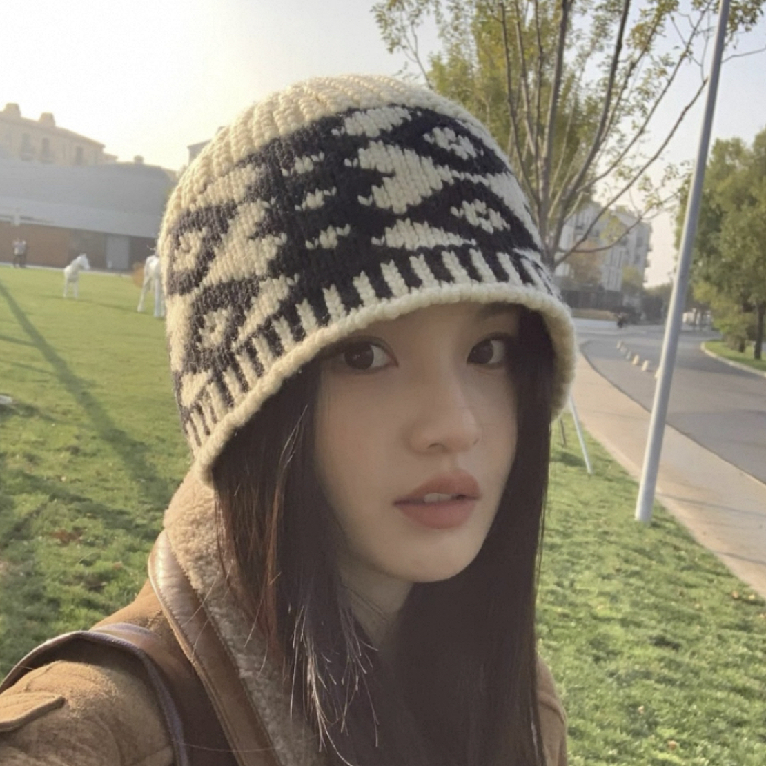 复古菱格提花针织渔夫帽女秋冬季韩版显脸小毛线帽保暖帽子