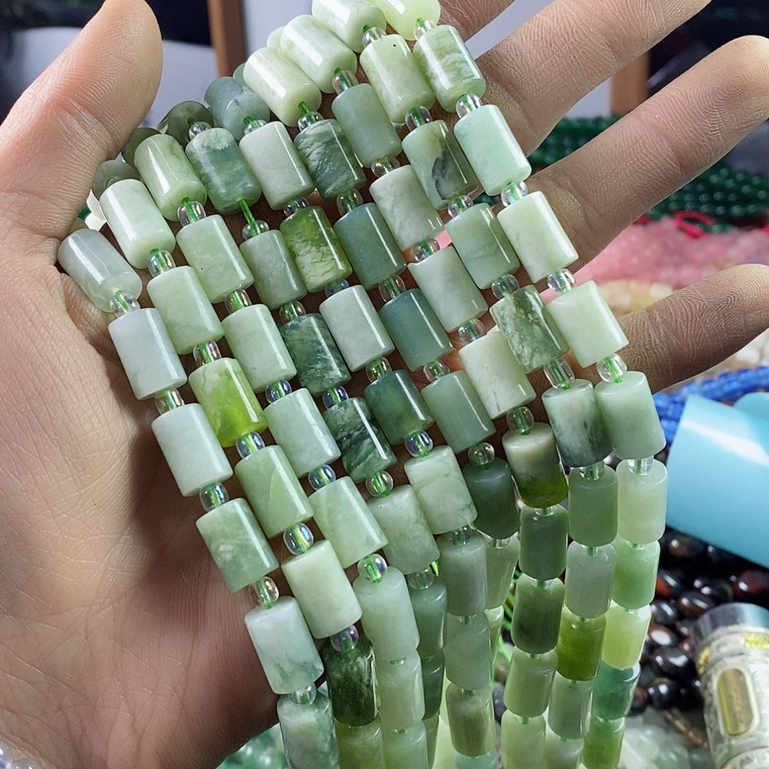 玛瑙/玉髓珠宝半成品合金一条天然8×12岫玉奶盖直桶珠