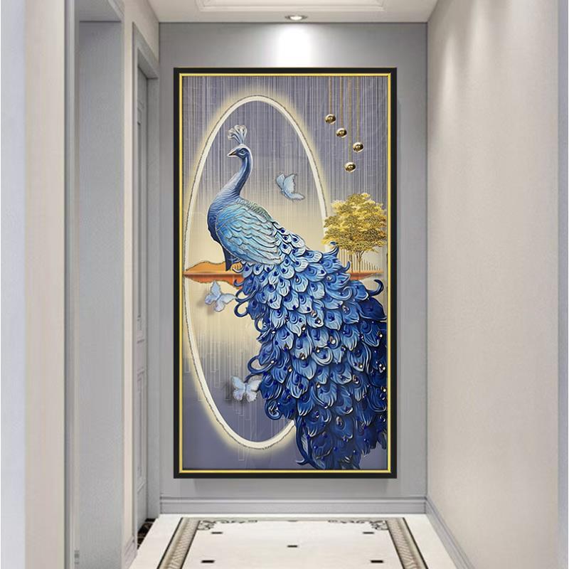 c05孔雀入户玄关装饰画现代简约轻奢走廊挂画麋鹿钢化玻璃装裱画