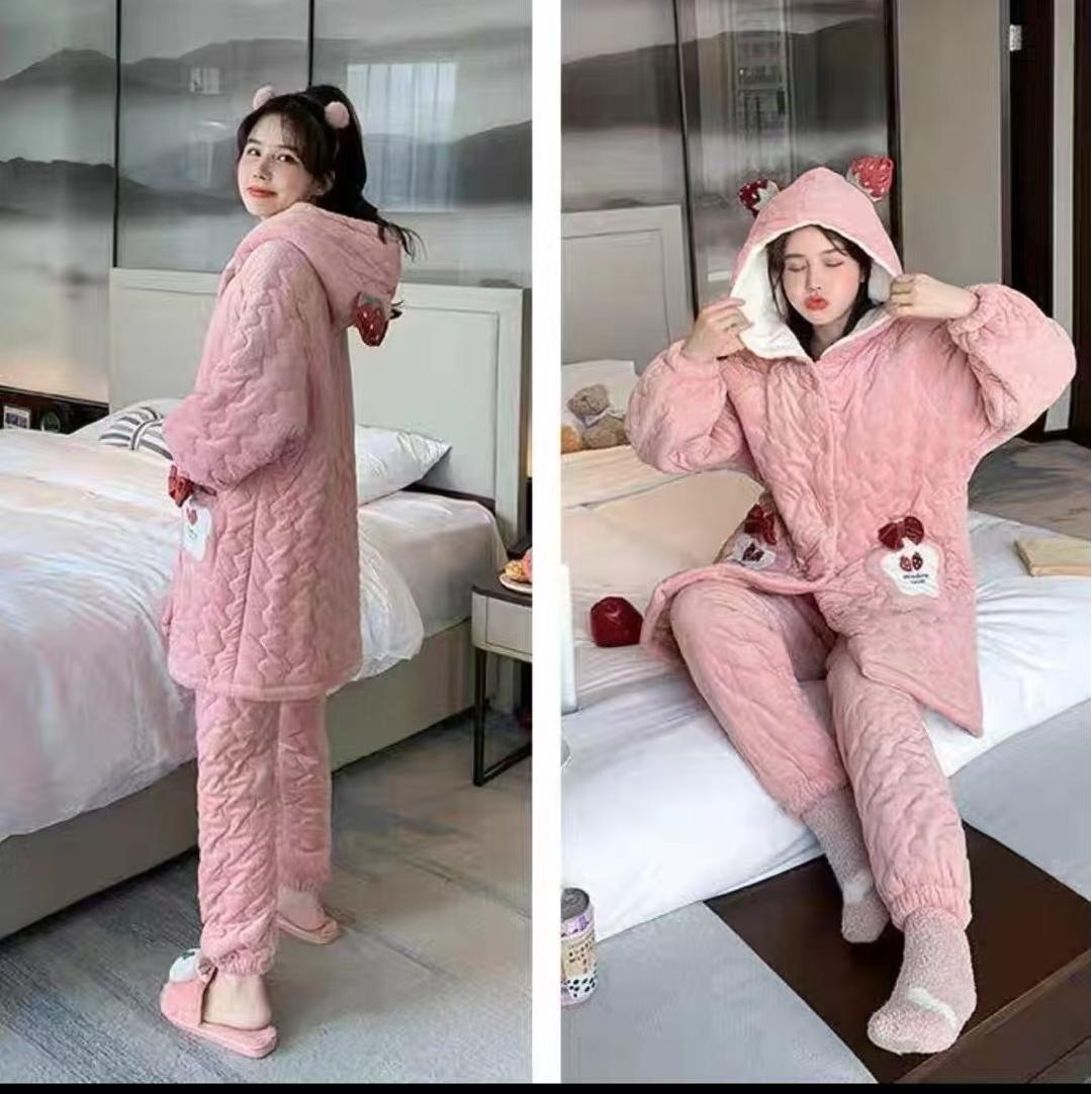 加厚睡衣冬季女长袍三层夹棉加绒加长款套装特连帽中长款女士