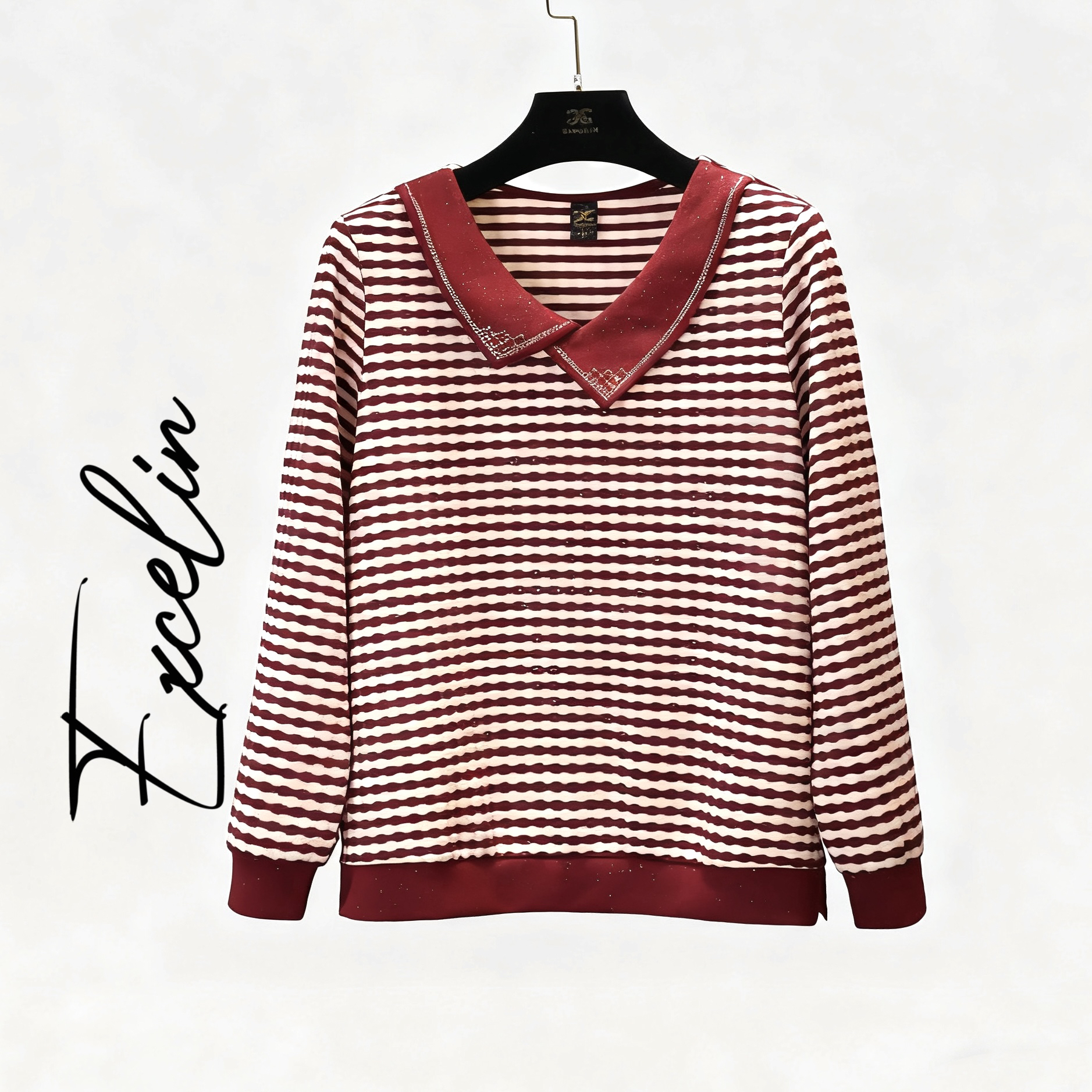 断码孤品EXC907酒红条纹秋季烫钻显瘦减龄洋气卫衣上衣