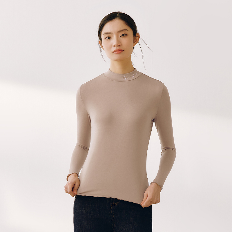 三枪薄款椰子油打底衫女秋冬美肤显瘦秋衣木耳边半高领上衣美拉德