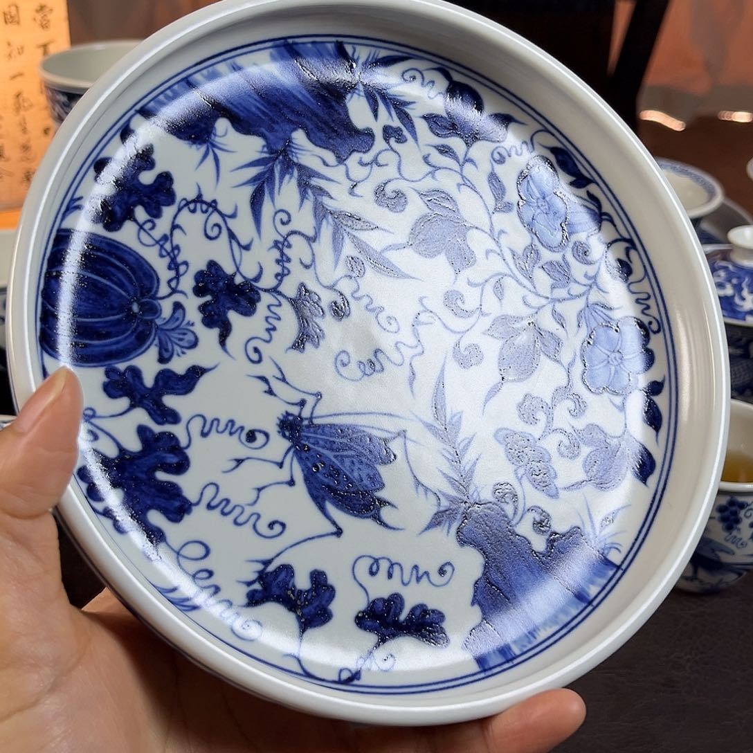 朝岚夕霞仿至正元青花壶承原矿釉烧制全手绘